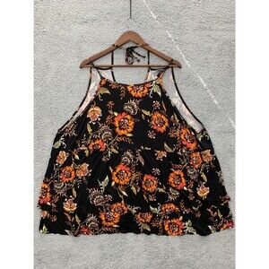 TORRID 5 Spaghetti Strap Black Orange Floral Tiered Tie-Neck Blouse Top Drapey